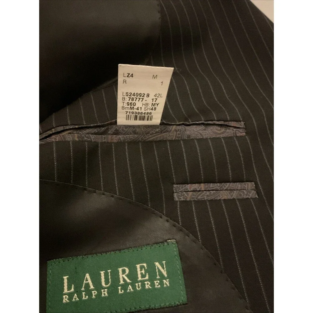 Lauren Ralph Lauren Men’s Black Pinstripe Single Breasted Suit 42L Pants 33 X32